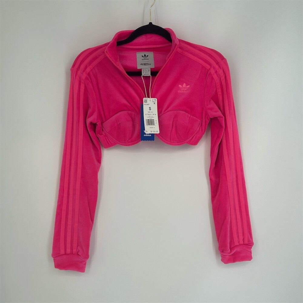 Adidas x Jeremy Scott Cropped Bustier Pink Velour Zip Track Jacket New Preppy, S - Picture 7 of 15